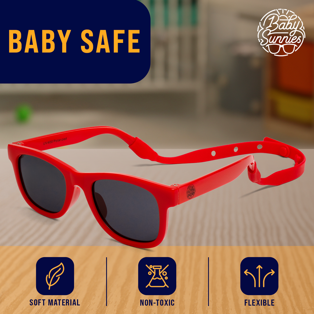 Red baby sunglasses with UV400 polarized lenses, durable and baby proof design