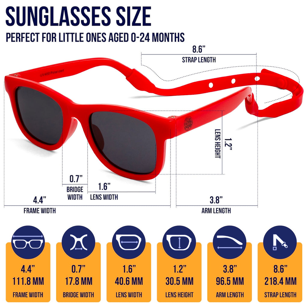 Red baby sunglasses with UV400 polarized lenses, flexible BPA-free frame, size guide