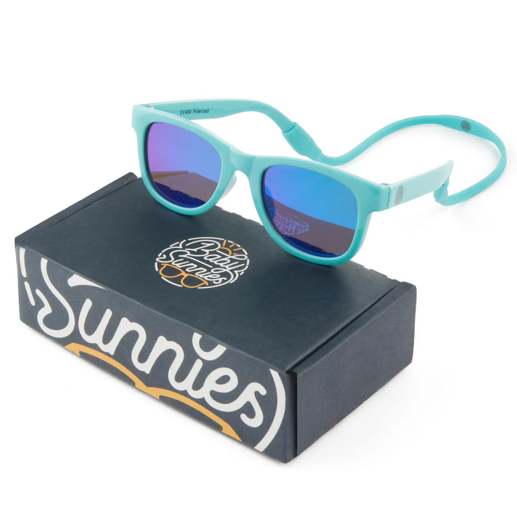 Sky Blue baby sunglasses with UV400 polarized lenses, flexible BPA-free frame, stylish in box