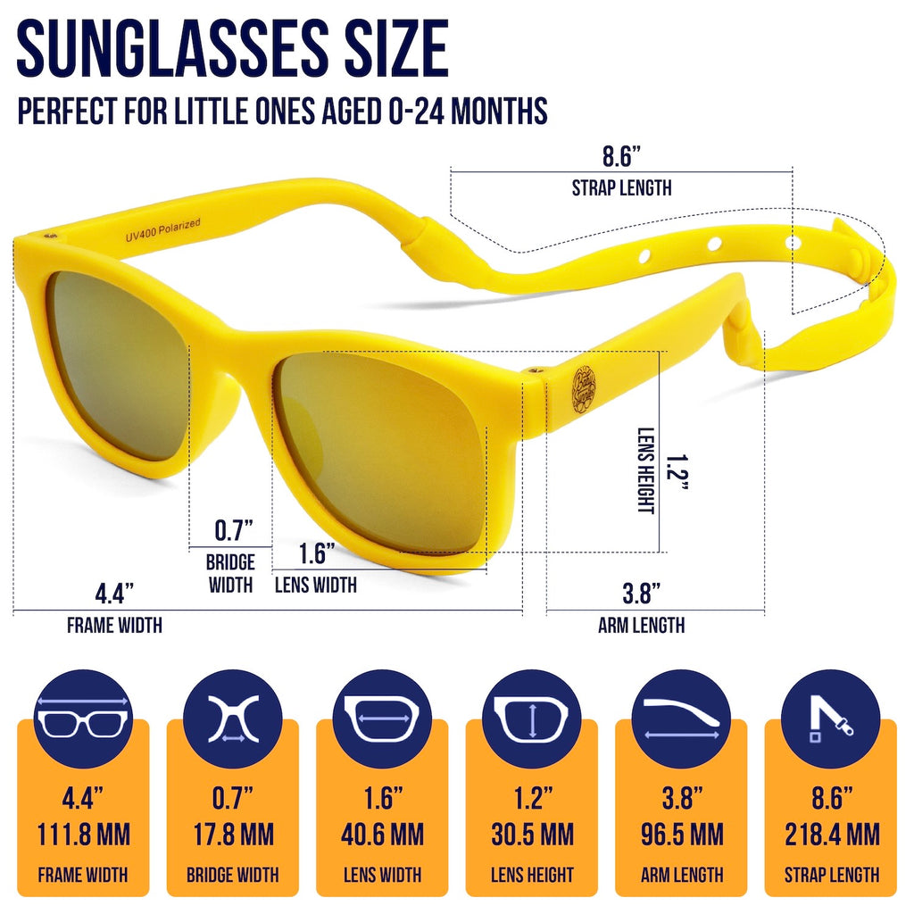 Yellow baby sunglasses with UV400 polarized lenses, flexible BPA-free frame, size guide