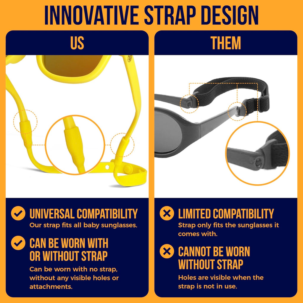 Yellow baby sunglasses with UV400 polarized lenses, adjustable strap for secure fit